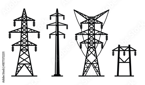 Silhouetted illustrations showcase four distinct types of electrical transmission towers against a white background.