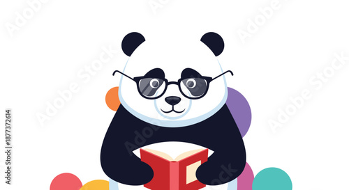 Smart and studious panda bear character wearing glasses while sitting and reading a red book with colorful circles in background.
