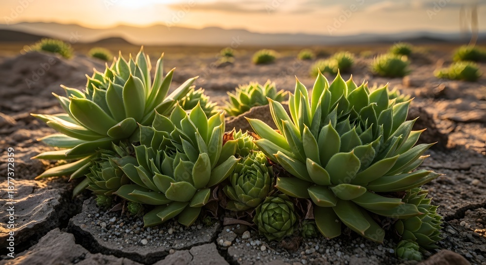 Fototapeta premium Succulents thriving in dry cracked earth landscape at sunset with vibrant green foliage and arid terrain