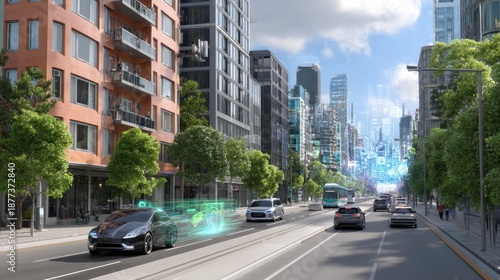 Futuristic Cityscape with Modern Urban Architecture and Smart Vehicles on a Busy Street