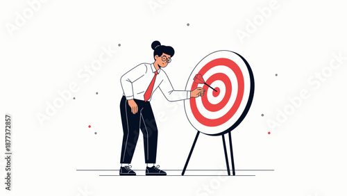 Businesswoman hitting bullseye on target, achieving goals, strategy concept