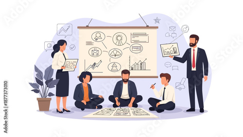 Diverse team brainstorming ideas on a whiteboard and floor plan