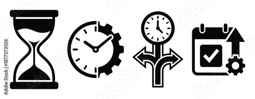 Time management vector icons including hourglass, clock, calendar and decision making for efficiency.