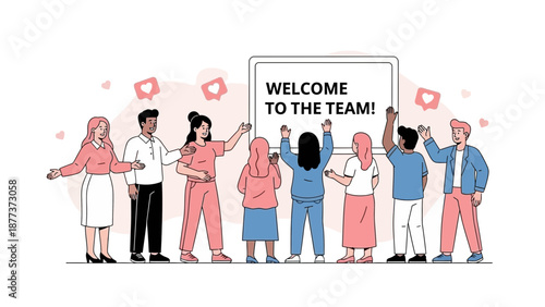 Diverse team welcomes new members with "Welcome to the Team!" sign