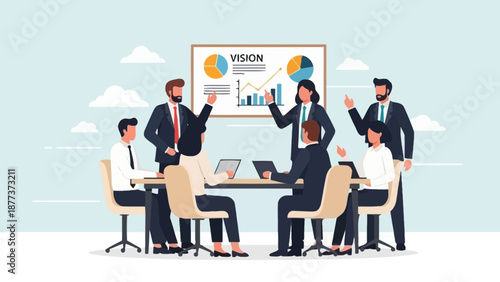 Business Meeting: Team Discussing Vision and Strategy on Whiteboard, Modern Office