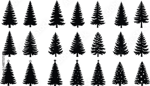 Pine tree silhouette vector set, Christmas tree icons, black evergreen shapes, holiday decoration elements, festive forest graphic, seasonal design bundle
