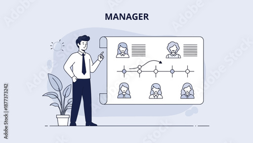 Manager presenting team organization chart with employees and workflow