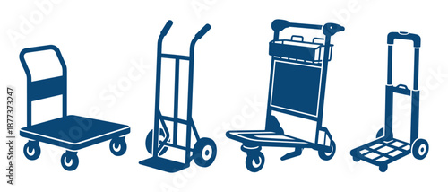 Various blue delivery carts vector set. Hand trucks and luggage carts illustrations for material handling.