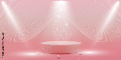 Pink 3D Podium Stage with Spotlight, Sparkle Particles and Soft Abstract Background