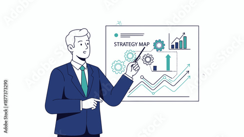 Businessman presenting strategy map with charts and gears on whiteboard