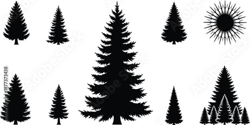 Pine tree silhouette vector set, forest landscape design, black evergreen shapes, nature illustration bundle, decorative tree icons, outdoor graphic elements