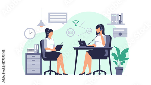 Customer service representatives working in modern office, flat illustration style