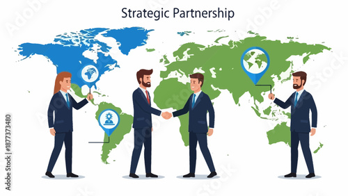Business People Shaking Hands Global Partnership Strategic Alliance World Map Background