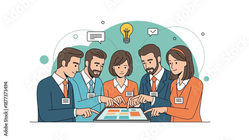 Teamwork brainstorm session with lightbulb idea and collaboration
