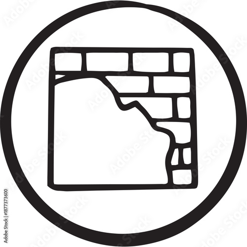 wall with peeling plaster, concrete revealing bricks. Clean hand-drawn line art for renovation, construction, home repair apps and building services. Minimalist outline icon.