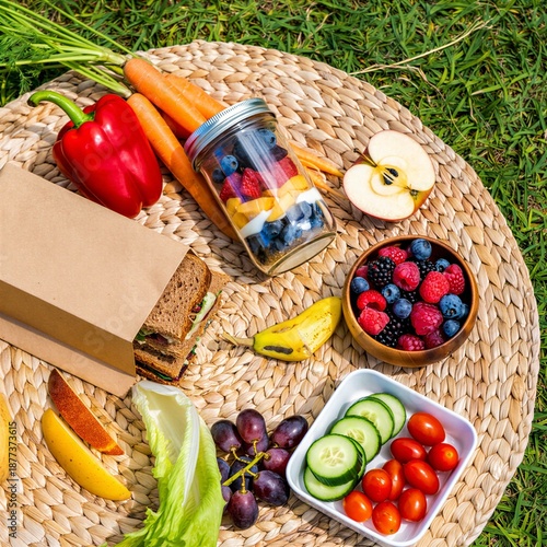 Healthy picnic spread with fresh fruits and vegetables on mat