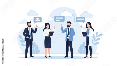 Business Team Communicating Ideas and Feedback with Speech Bubbles and Icons