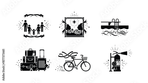 Six black and white icons for family, garden, pool, luggage, bicycle rental, and fire safety
