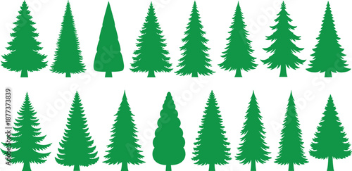 Stylized pine tree vector set, green forest icons, decorative nature shapes, foliage illustration bundle, evergreen tree design, outdoor graphic elements
