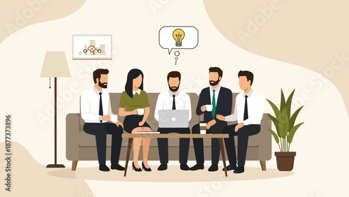 Diverse business team brainstorming innovative ideas around a laptop in a modern office