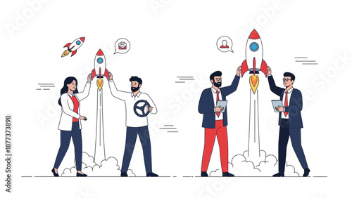 Business team launching rocket, startup concept, teamwork, innovation