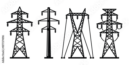 Vector illustration of electricity pylons silhouettes set. Different types of high voltage transmission towers.