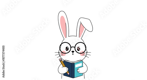 Studious white bunny character with round glasses and whiskers holding a blue book and a yellow pencil ready for learning.