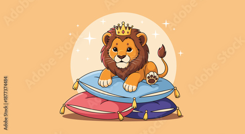 Cute lion cub character wearing a gold crown and posing like a king while resting on a stack of colorful royal pillows.