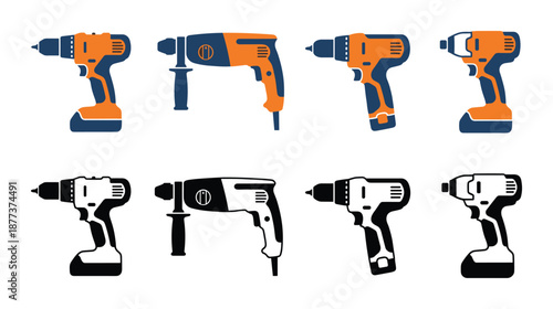 Vector illustration set featuring power drills in orange and blue colors with black and white outline versions.