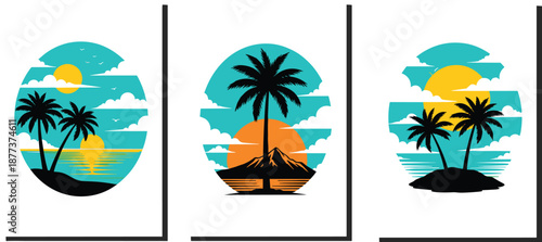 Tropical landscape silhouette vector set, sunset beach scenes, palm tree island designs, summer nature illustration, vacation graphic bundle, oval frame icons