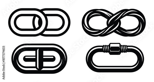 Vector illustration with black chain links, figure eight rope knot, and locking carabiner clip icon designs.