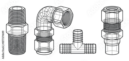 Vector line art illustration of pipes and fittings, plumbing connectors for connecting piping system.