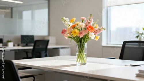 Vibrant flowers brighten modern office space with natural light