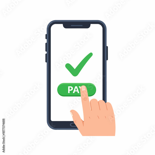 Hand Touching Smartphone Screen with Payment Button.