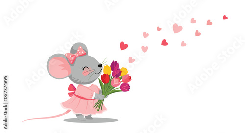 A sweet little mouse in a pink dress and bow smiles as she holds a beautiful bouquet of colorful spring tulips.