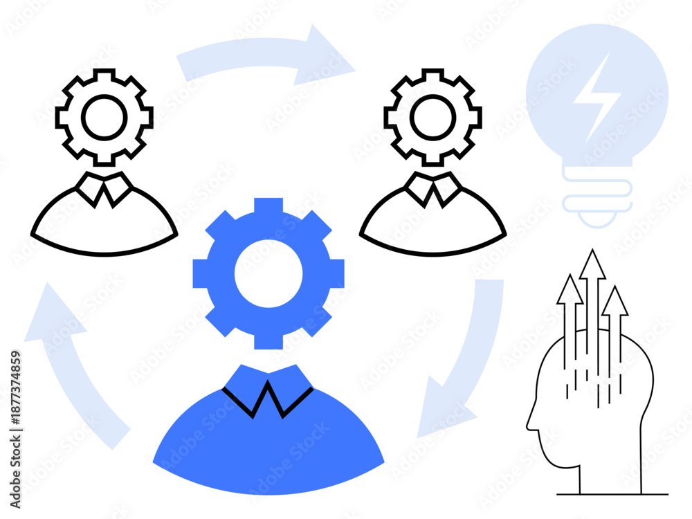 Fototapeta premium Workflow concept. Workflow showing collaboration, teamwork, and idea development. Workflow highlights progress, productivity, and problem-solving. For business strategy, innovation management team