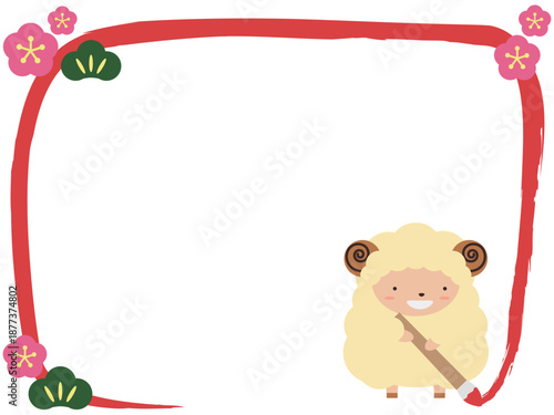 未年の干支キャラクターと筆ラインのフレーム枠 和柄アイコン付き