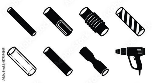 Vector set featuring various types of heat shrink tubing and heat gun. Essential tools for electrical work.