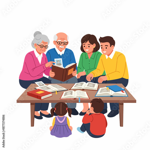 Family Reading Together Around Table.
