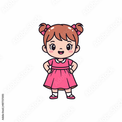 Cartoon Girl with Pigtails Wearing Pink Dress.