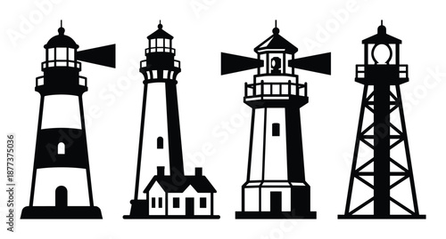 Vector silhouettes of four unique lighthouses with varying designs. Nautical maritime and beacon vector illustration.