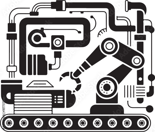 Industrial robotic arm with pipes and machinery in a factory setting