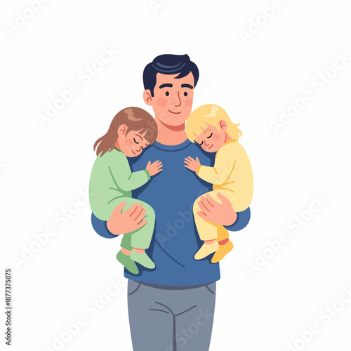 Father Holding Two Sleeping Children Close.