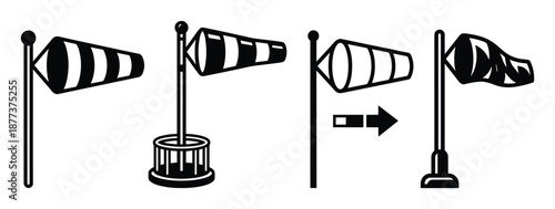 Windsock vector set, indicating wind direction and speed. Perfect for aviation, weather, and meteorology designs.