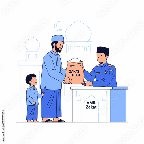 Man Giving Zakat to Official at Counter.
