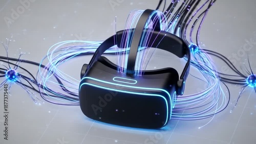 Virtual Reality Headset with Neon Lights and Cables.