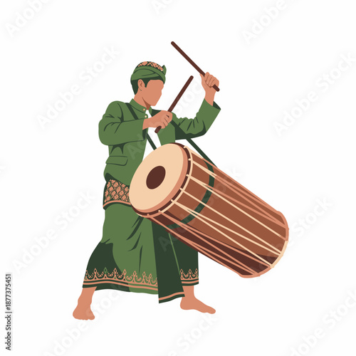 Man Playing Large Drum with Drumsticks.