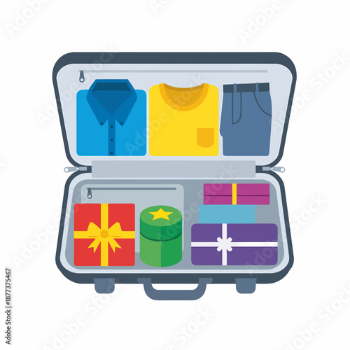 Suitcase Packed with Clothes and Gifts.