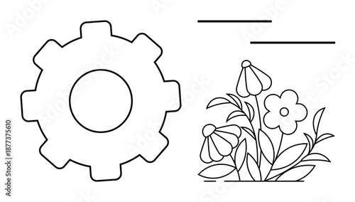 Industry balance, natural growth, engineering design, ecological harmony, technological innovation, sustainability. Gear and flowers side by side. Industry balance and natural growth concept
