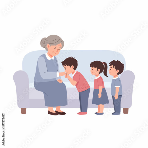 Grandmother with grandchildren standing in a line.